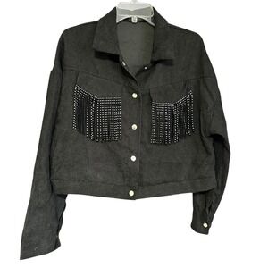 Shein Black Corduroy Cropped Jacket Silver Studded Fringe Western L Whimsigoth